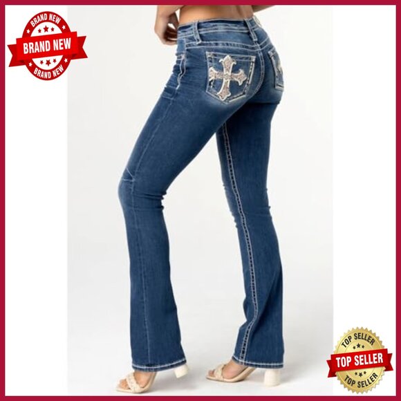 Mid-Rise Bootcut Jeans with Rhinestone Details, 34" Inseam - Picture 6 of 7